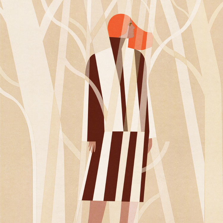 woman behind trees