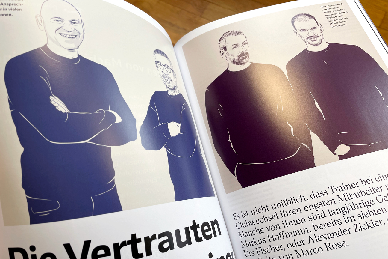 photo of the magazine of German football league with doublportraits of trainers Urs Fischer and Markus Hoffmann and Marco Rose and Alexander Zickler 