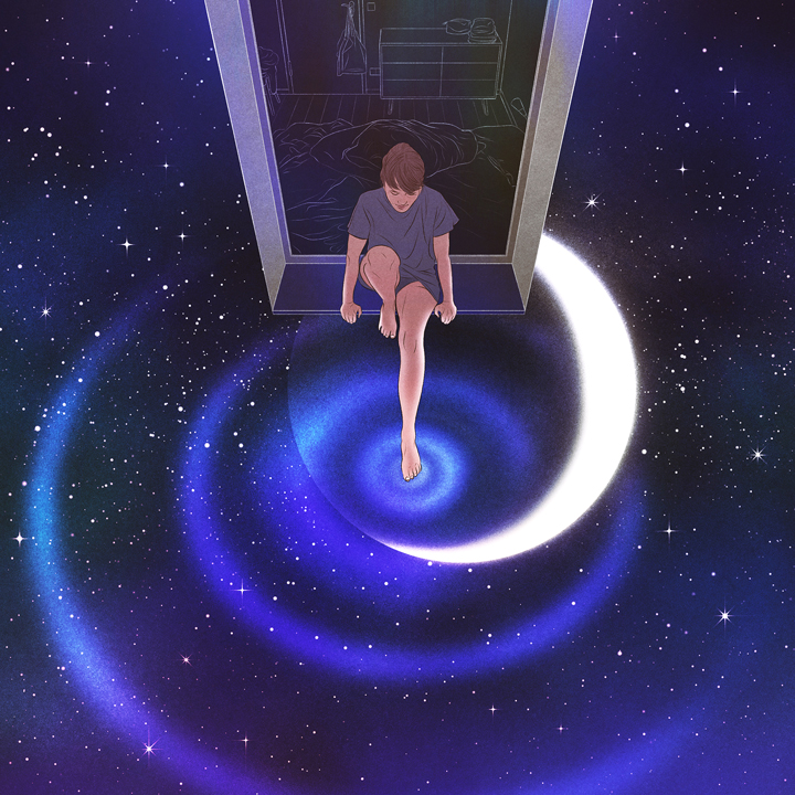 woman in a window with her foot in a sea of starry sky