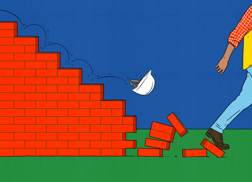 brick wall with worker going away