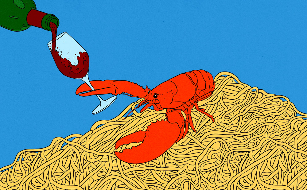 lobster on linguine holds a wine glass 