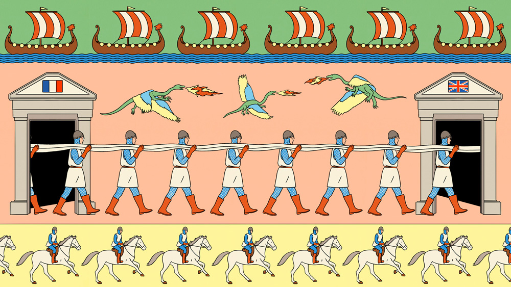 knight carrying a tapestry with dragons and horses around 