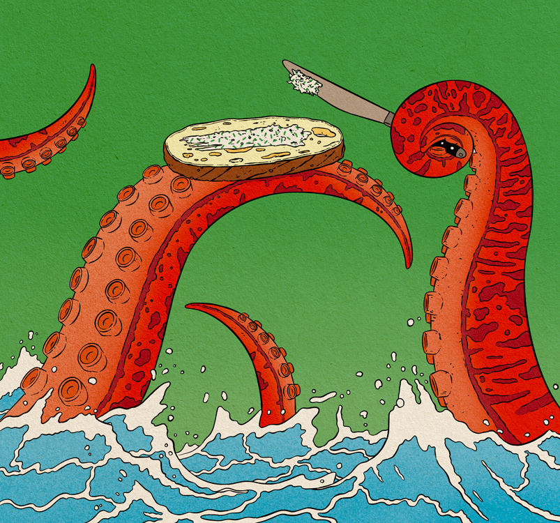tentacles of an octopus smear themselves a bread 