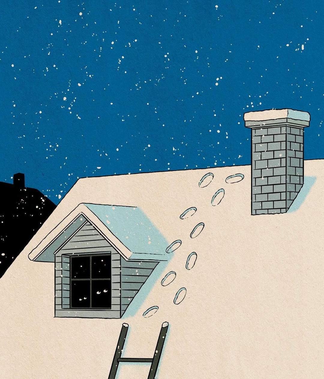Santa’s footprints in the snow on the roof at night