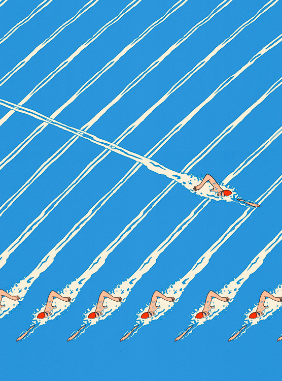 one swimmer crosses the line of the other swimmers