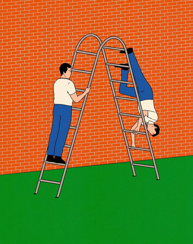 A man descends a ladder incorrectly.