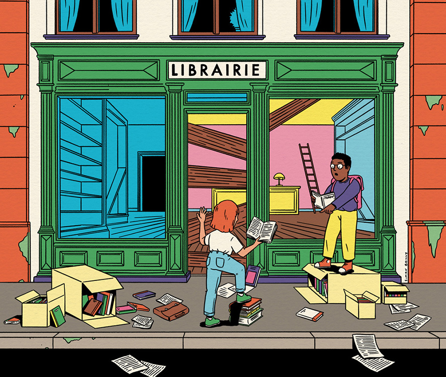 an empty bookshop with two kids standing on books in front of the shop