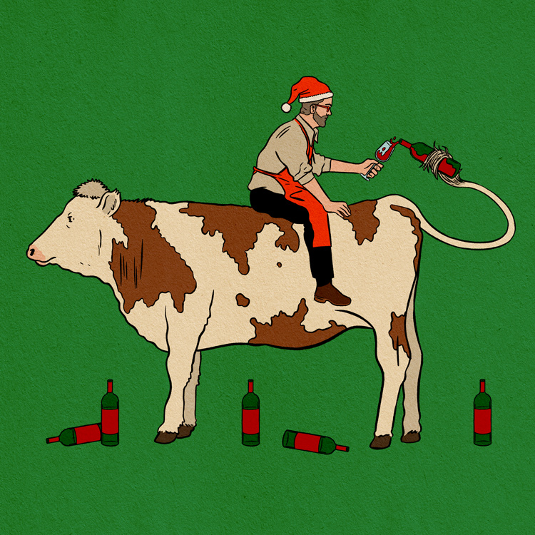 man sitting on cow drinking red wine 