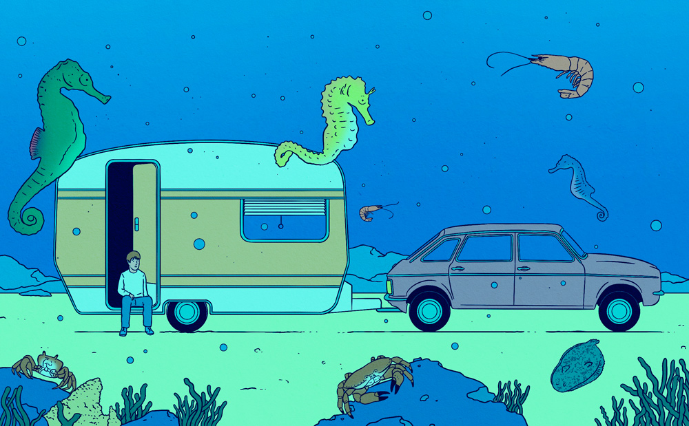 camper on ground of ocean with sea animals around 