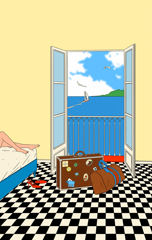 travel bags in fornt of open window
