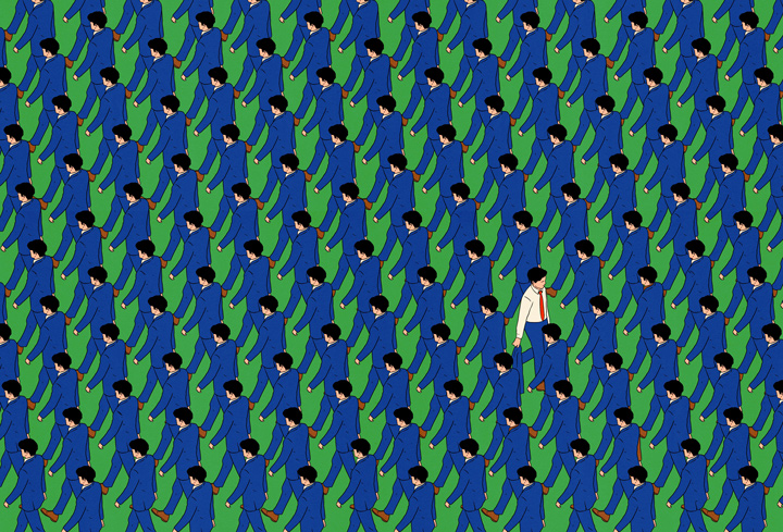 crowd of men in one direction with one man walking opposite diredtion