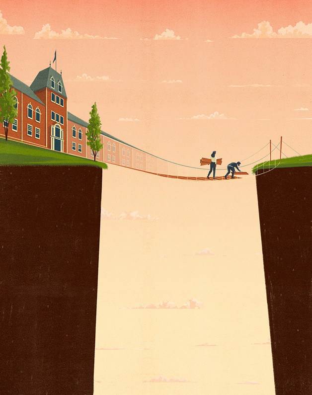 A man and a woman bridge a chasm