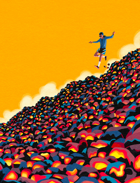 man running downhill on glowing coals
