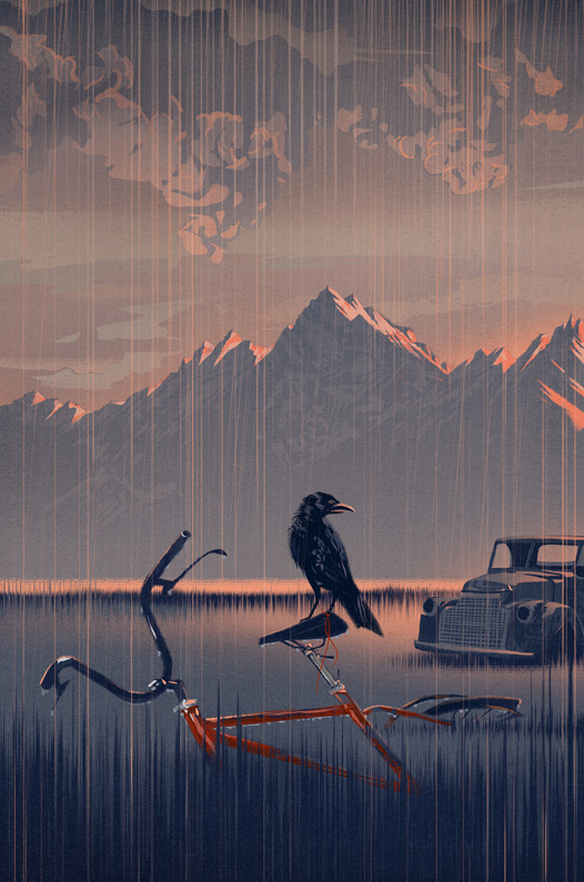 a raven on a lost bike in front of a mountain 