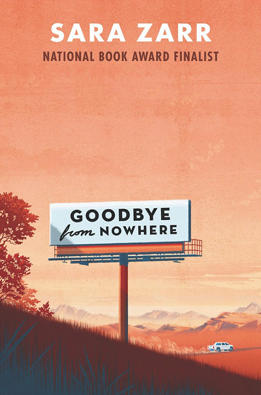a sign in a red landscape with a car driving away