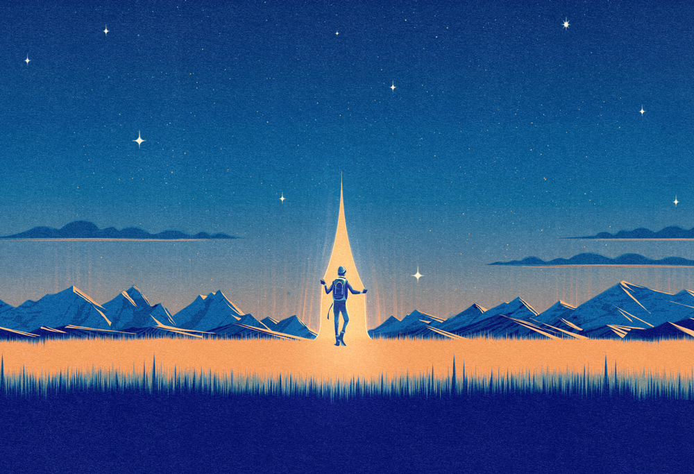 man in landscape opening curtain