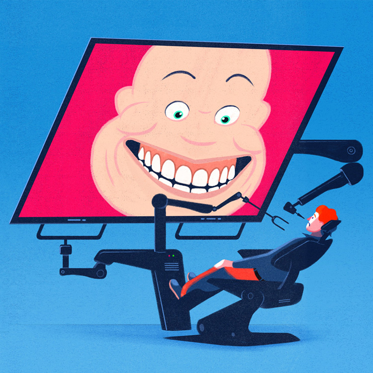 scared man in a dentist chair and a big smiling face in front of him