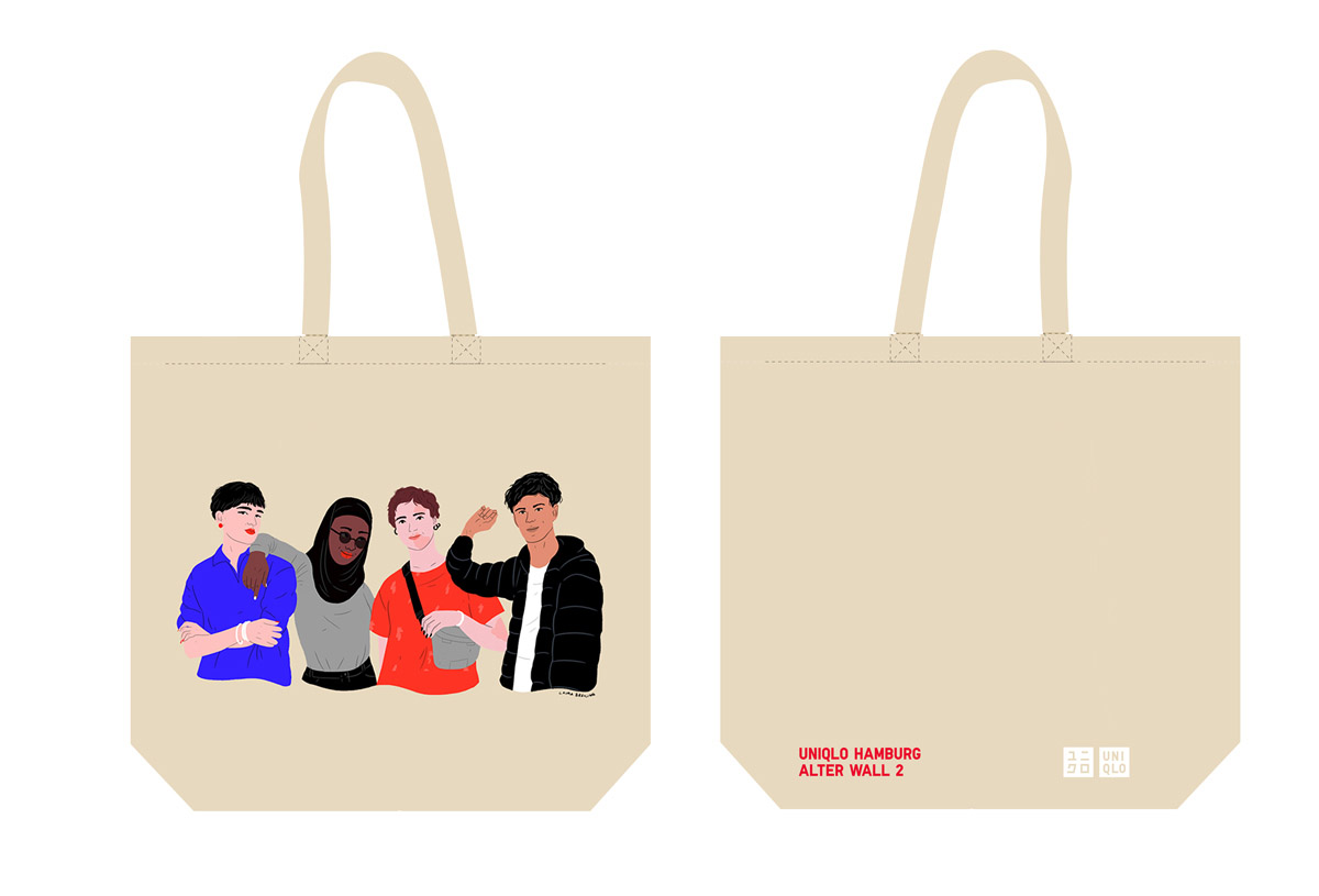 bag with printed illustration of young diverse people