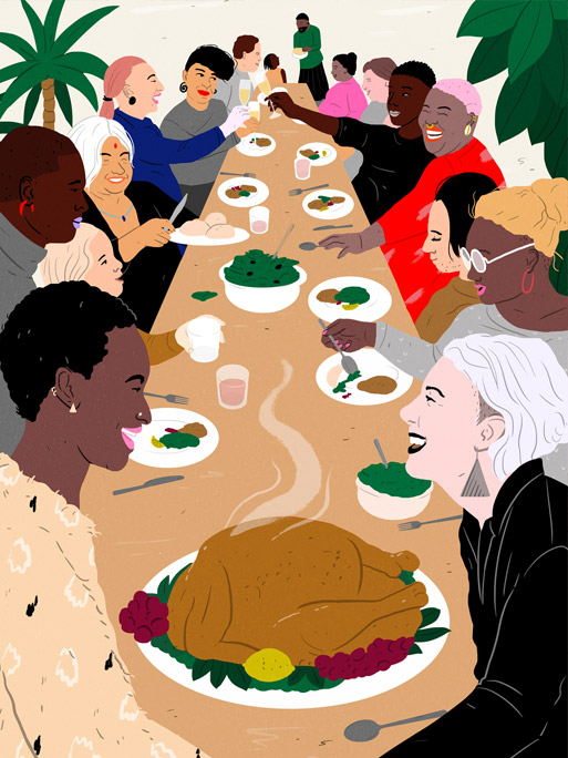 Laura Breiling / diverse people sitting at table turkey on it 