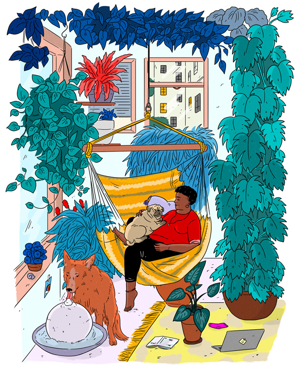 black woman relaxing with a pug in a hammock surrounded by plants