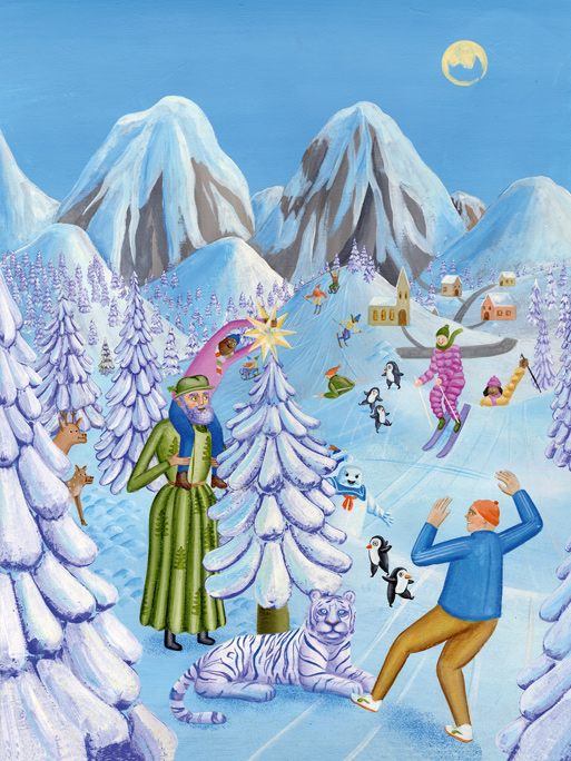 Robert Deutsch / snowy winterlandscape with fir tree and tiger
