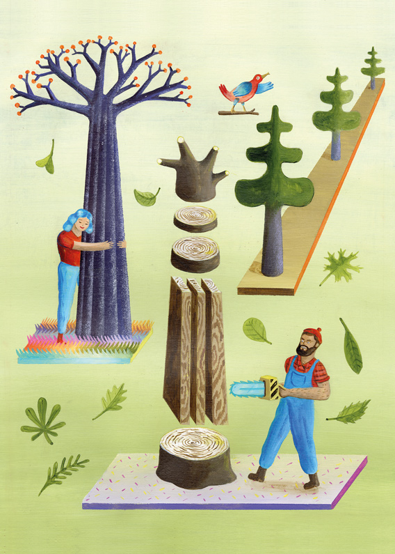 painting of a lumberjack cutting a tree while woman hugs another one