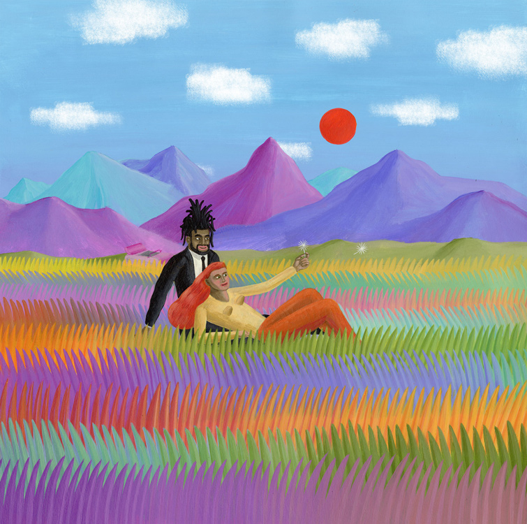 couple in colorful field with blowball 