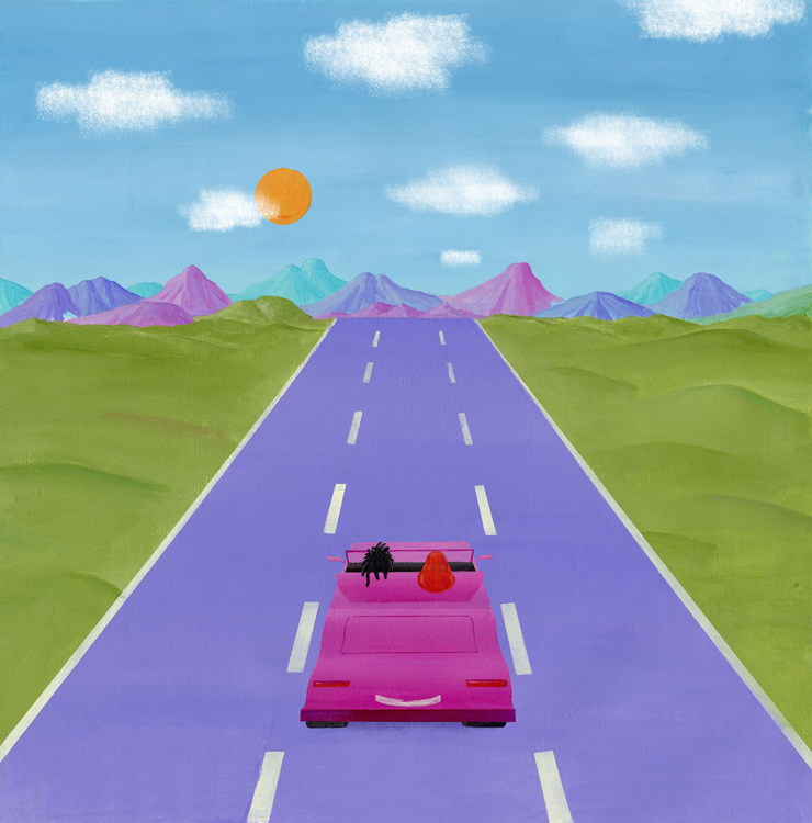 couple in car driving into purple landscape