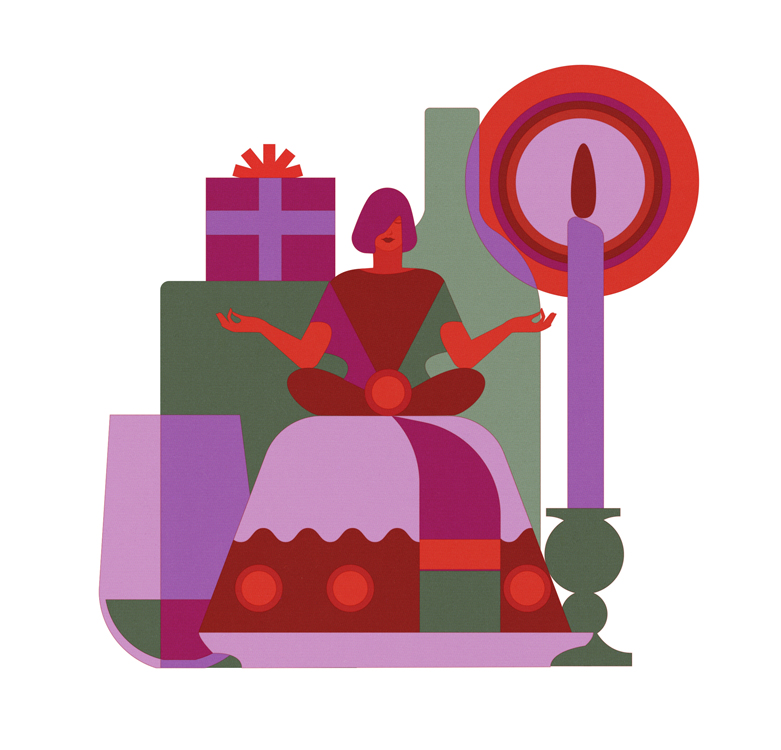 meditating woman on a Christmas cake with presents 