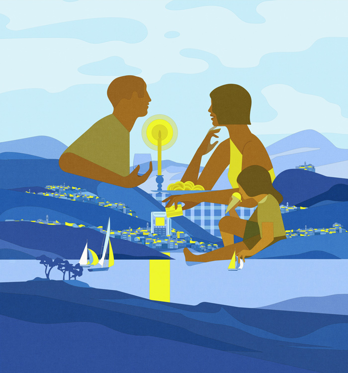 young couple with kid sitting at blue lake at dinner