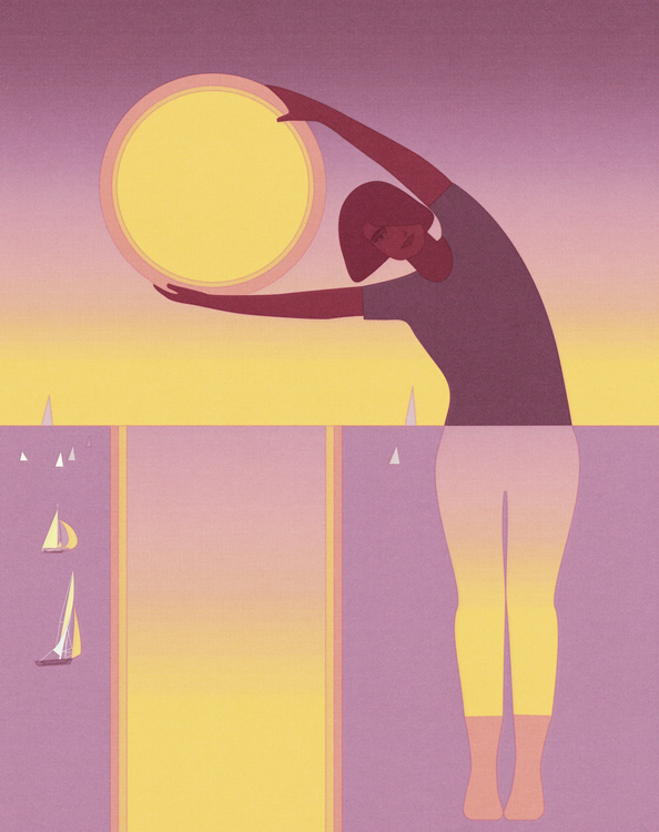 woman at sea with sun as a ball