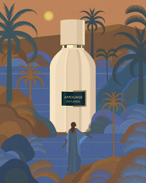 huge perfume bottle in palm tree landscape 