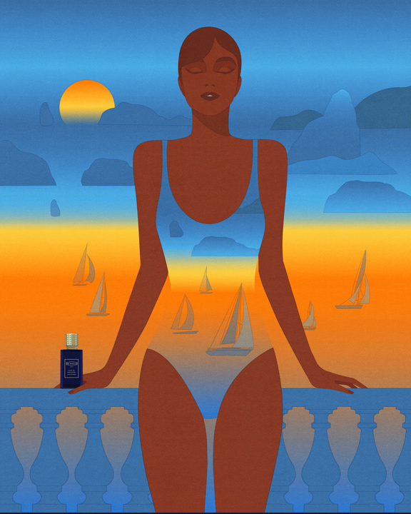 woman in swimsuit with sailboats at sea 