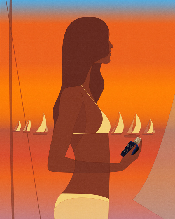 woman in a white bikini that has the same shape as the sailboats behind her 