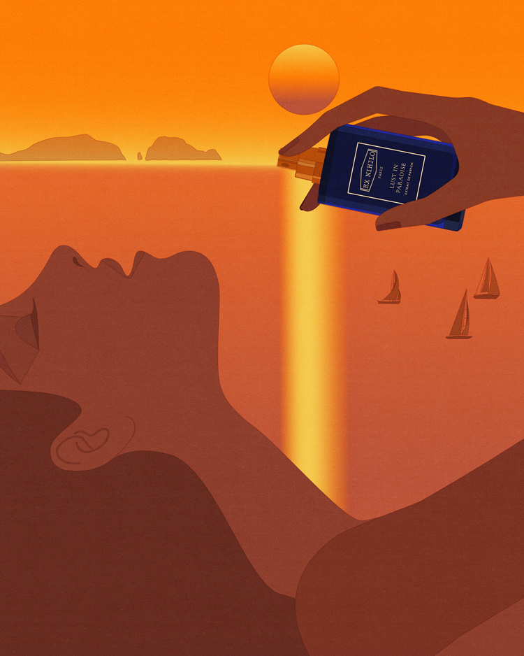 silhouette of a woman spraying perfume on her neck
