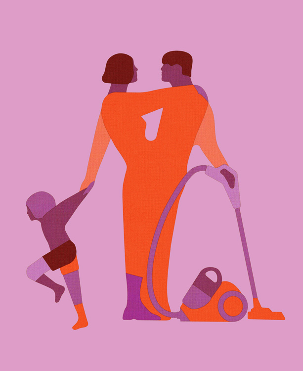 embrased couple with child and vacuum cleaner