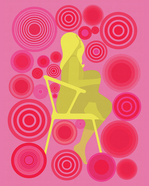 woman sitting on chair surrounded by pain spirals 