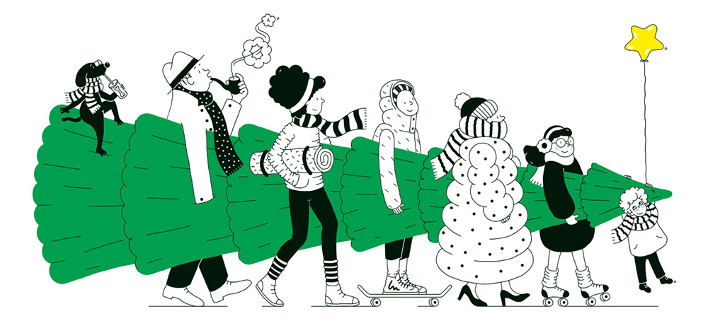 People with dog and child carrying a Christmas tree