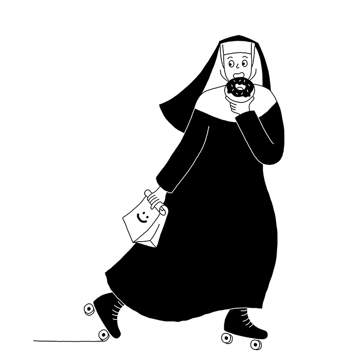 nun on skates eating a donut