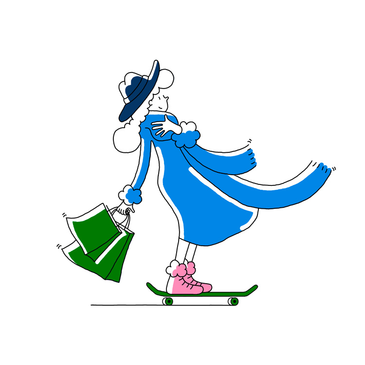 lady with shopping bags on a skateboard 