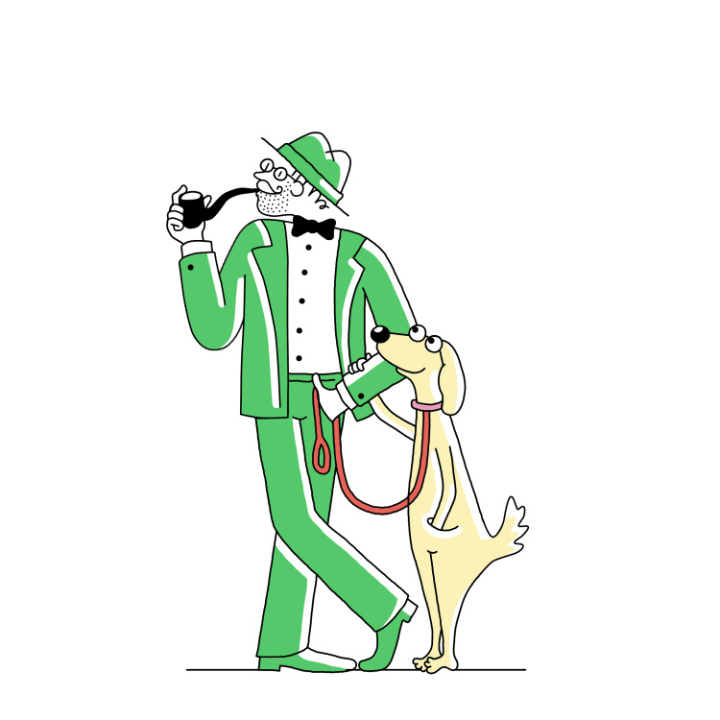 drawing of a bearded man with a pipe and a dog at his side 