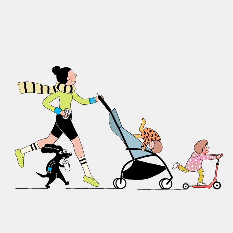 young mother jogging with the stroller, kids and dog 