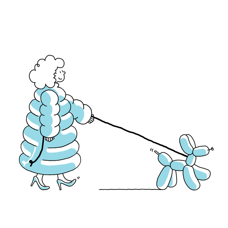 woman in winter suite and balloon dog 