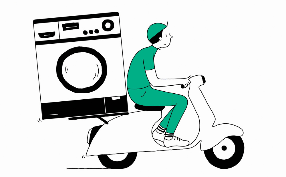 man on a motor bike delivering washing machine 