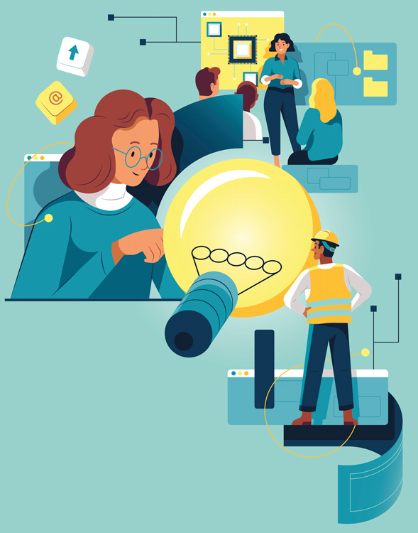 people in presentation and worker with a huge bulb 