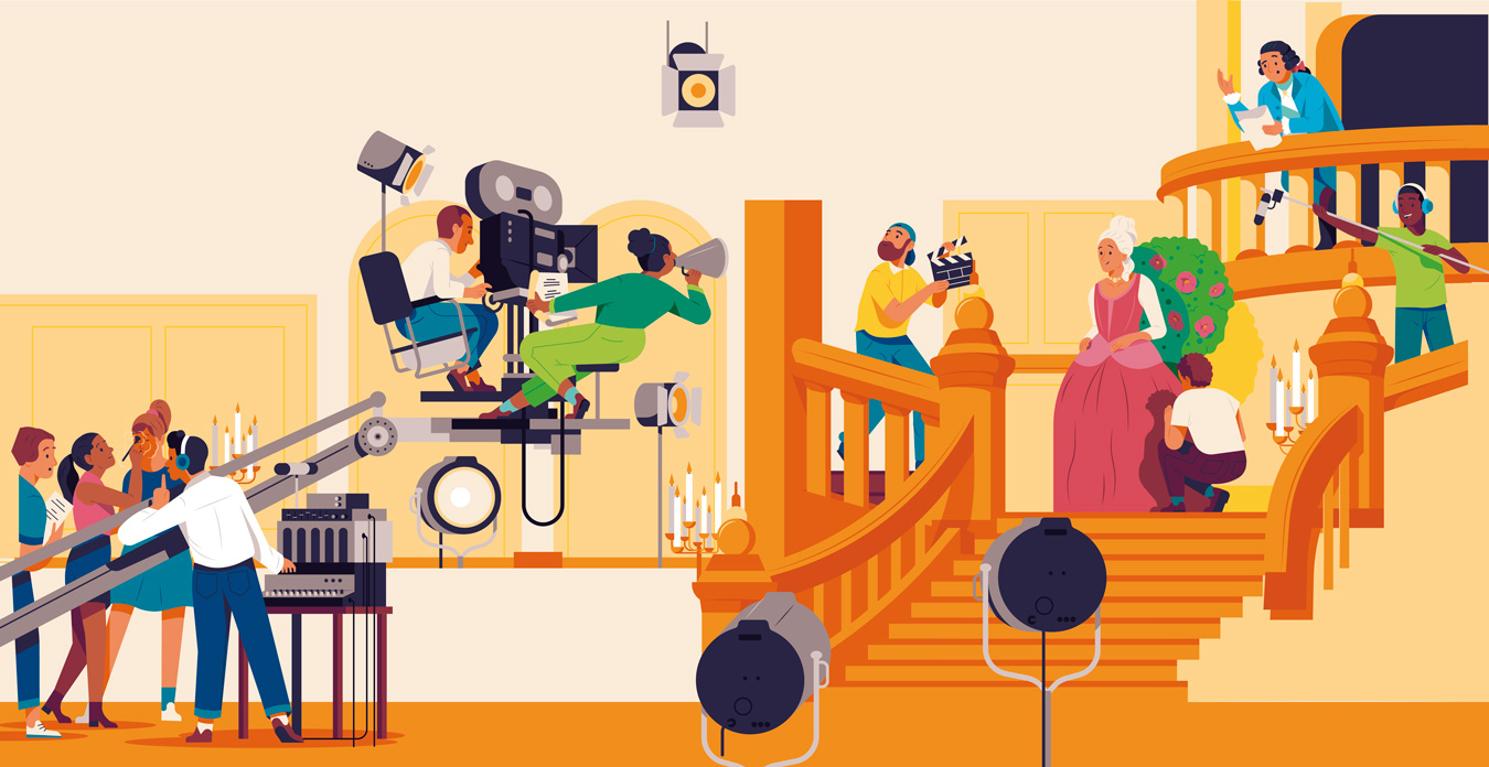 a man on a camera crane is filming a woman in a Baroque dress on stairs 