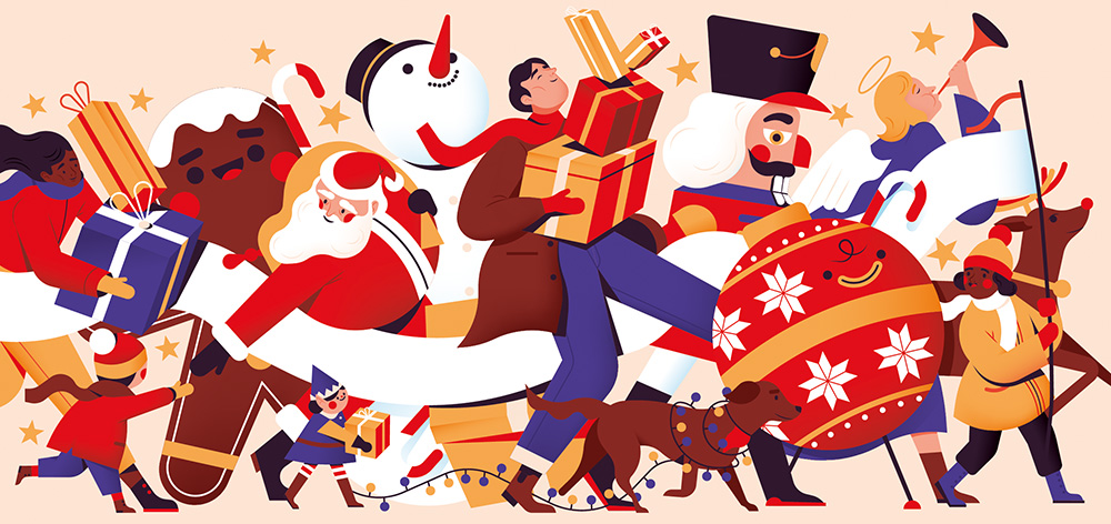 A parade of people, a snowman, a nutcracker, Santa Claus, and an angel carrying gifts.
