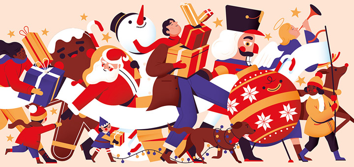 A parade of people, a snowman, a nutcracker, Santa Claus, and an angel carrying gifts.
