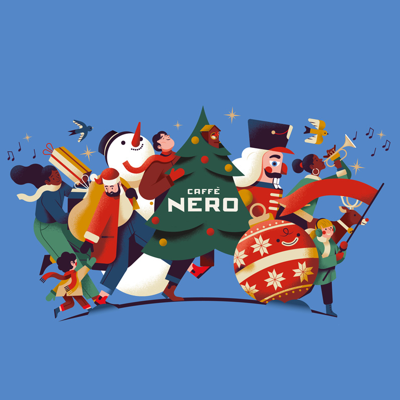 happy people and snowman carrying christmas tree