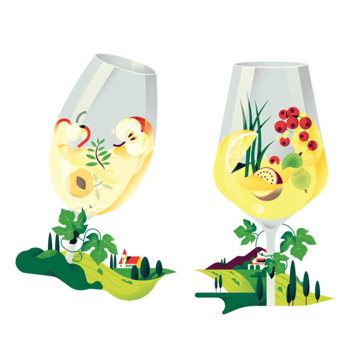 glasses of white wine on landscape with fruits in the glass